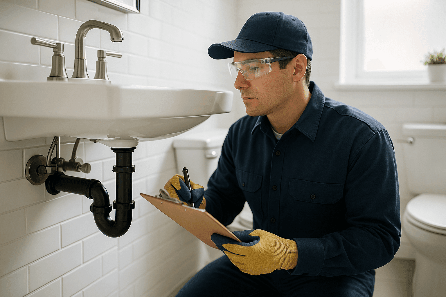 Plumber checking pipes under a bathroom sink with checklist
