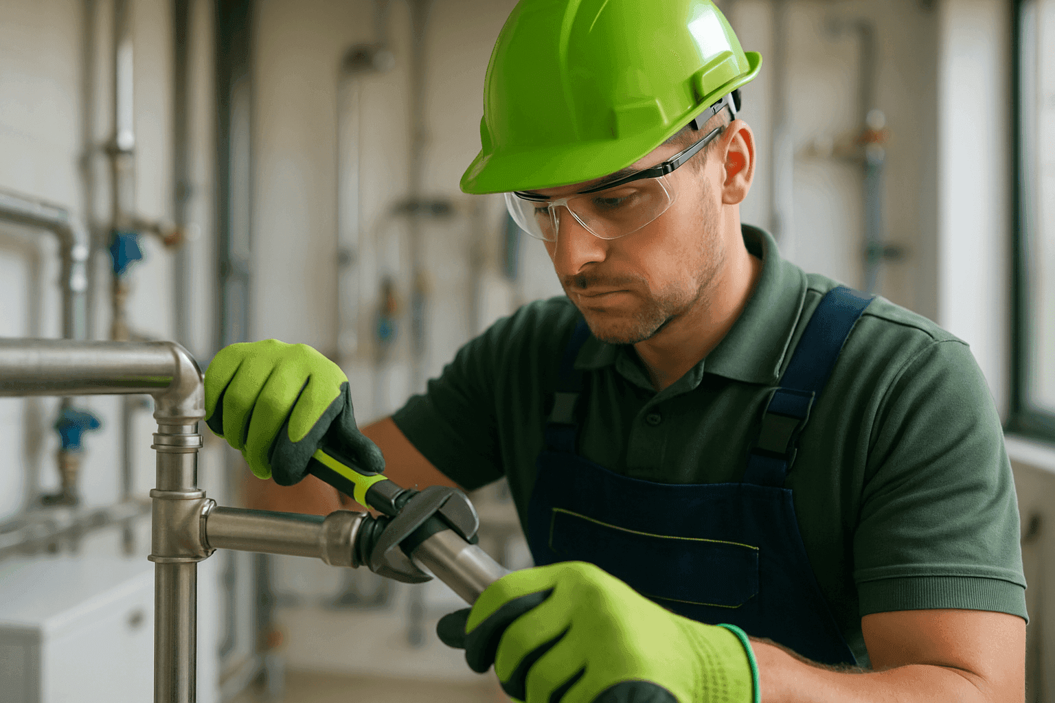 Professional plumber wearing gloves, goggles, and helmet fitting pipes in clean workspace in Worcester